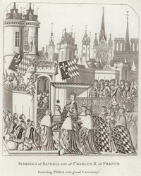 Isabella von Bayern, Ehefrau von Karl K. von Frankreich, zieht mit großem Zeremoniell in Paris ein
