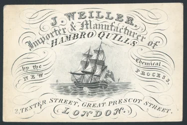 J. Weiller, Importeur und Hersteller von Hambro-Federn, 2 Tenter Street, Visitenkarte