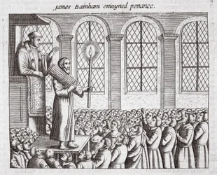 James Bainham zur Buße verurteilt, Illustration aus Acts and Monuments von John Foxe, neunte Ausgabe, veröffentlicht 1684