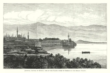 Jannina, Hauptstadt von Epirus, einer der Orte, die Griechenland durch den Berliner Vertrag abgetreten wurden (Gravur)