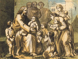 Jesus segnet kleine Kinder (farbige Gravur)