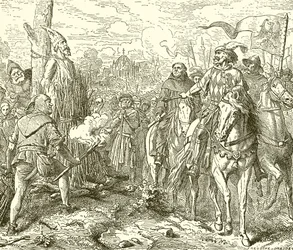 Johannes Hus am Scheiterhaufen, aufgefordert zu widerrufen