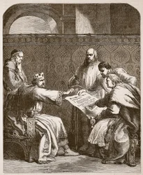 Johann verweigert die Unterzeichnung der Artikel der Barone, Illustration aus Cassells Illustrierter Geschichte Englands