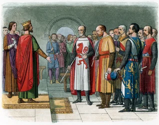 König Heinrich III. von England vor der Baronkommission unter der Leitung von Simon V. von Montfort, Illustration aus 
