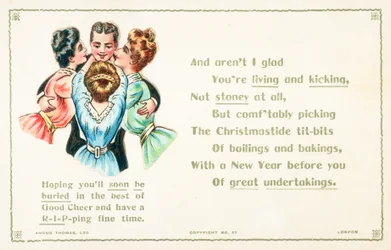 Damen überschütten Herrn mit Zuneigung, Weihnachts-Neujahrskarte