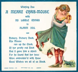 Dame erschrocken über Maus, Weihnachtskarte