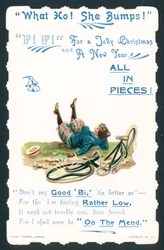 Frau fällt vom Fahrrad, Weihnachtskarte