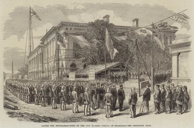 Grundsteinlegung des neuen Freimaurertempels in Shanghai (Gravur)