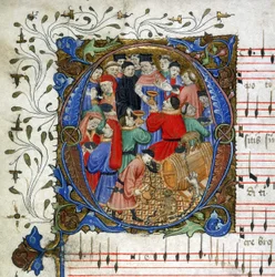 Brief eines mittelalterlichen Trinklieds aus dem Windsor Carol Book, ca. 1440 (Miniatur)