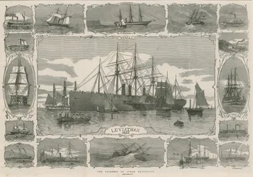 Leviathan 1858; Montage von Bildern, die den Fortschritt der Dampfnavigation zeigen