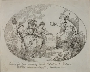 Freiheit und Ruhm stellen weiblichen Patriotismus vor; Britannia und die Herzogin von Devonshire (Gravur)