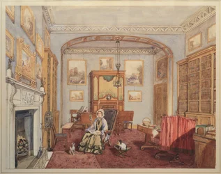 Bibliothek - Musikzimmer mit dem Northwick Bacchus und Ariadne nach Tizian, ca. 1830