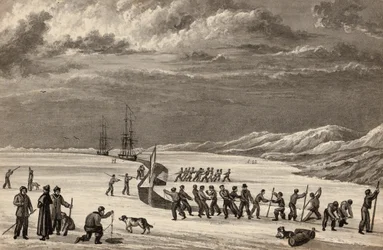 Leutnant William Parrys erste Reise: Die Besatzungen der H.M.S. Hecla und H.M.S. Griper schneiden in den Winterhafen, ca. 1819