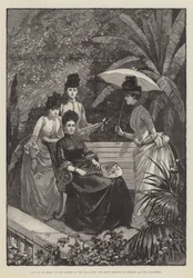 Leben in San Remo, in den Gärten der Villa Zirio, die Kronprinzessin von Deutschland und ihre Töchter (Gravur)