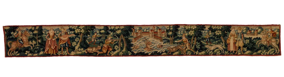 Langer Wandteppichstreifen mit Figuren beim Reiten, Gehen und Jagen, ca. 1600 (Wolle)