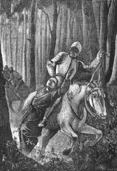 Luther wird von maskierten Reitern im Thüringer Wald angegriffen, Illustration aus Die Geschichte des Protestantismus von James Aitken Wylie, veröffentlicht 1878