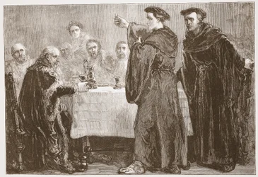 Luther fordert Carlstadt heraus, gegen ihn zu schreiben, Illustration aus Die Geschichte des Protestantismus von James Aitken Wylie, veröffentlicht 1878