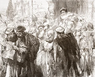 Luthers Flugschrift: Szene in der Druckerei, Illustration aus Die Geschichte des Protestantismus von James Aitken Wylie, veröffentlicht 1878