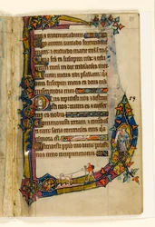 MS 1-2005, fol. 85r: Ein Büßer mit Hund, Randdekoration aus dem Macclesfield Psalter, Use of Sarum, Ostanglien, um 1330