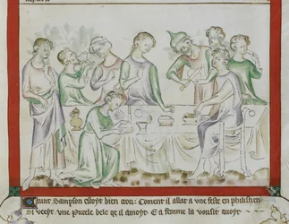 MS Royal 2 BVII, f.43 Begegnung von Samson und Delilah bei einem Philisterfest (Detail) aus 