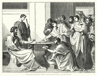 Mazedonische Christen bringen ihre Gaben zu Paulus, II Korinther VIII