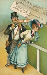 Mann und Freund bei den Rennen (Farblithografie)