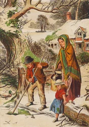 Mann bricht das Eis auf einem zugefrorenen Teich (Farblitho)