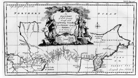 Karte der von Vitus Bering (1681-1741) durch Sibirien nach Kamtschatka genommenen Route, aus Navigantium atque Itinerantium Bibliotheca, veröffentlicht 1744