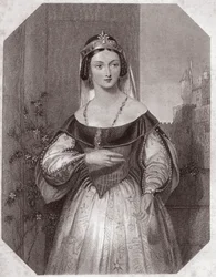 Margarete von Anjou (1430-1482) (Heinrich VI Tragödie in 5 Akten) in - „Galerie des femmes de Shakespeare, Sammlung von fünfundvierzig ernsten Porträts der ersten Künstler Londons, bereichert mit kritischen und literarischen Hinweisen“ um 1838 - aus „Galle