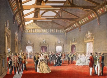 Das Marschieren der Prozession der Braut in der zentralen Halle der temporären Wohnungen, aus Ein Gedenkbuch zur Hochzeit von Edward VII. und Alexandra von Dänemark, veröffentlicht 1864