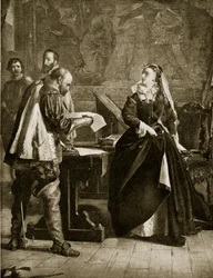 Maria Stuart unterzeichnet ihre Abdankung, Juli 1567, Illustration aus Hutchinsons Geschichte der britischen Nation, ca. 1923