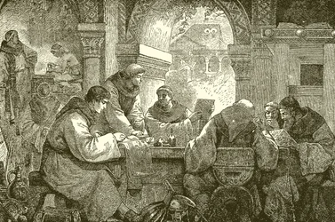 Mittelalterliche Kultur - Mönche in einem Kloster beim Illuminieren und Abschreiben von Büchern