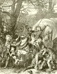 Mittelalterliche Sitten. Raubritter greifen eine Händlerkarawane an