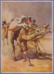 Männer reiten auf Kamelen in einem Rennen in der Wüste (Farblithographie)