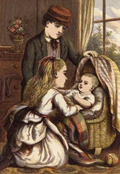 Auf das Baby aufpassen (kolorierte Gravur)