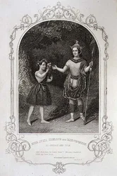Miss Julia Harland und Miss Conquest als Oberon und Puck, 2. Szene des 2. Aktes aus „Ein Sommernachtstraum“, nach einer Daguerreotypie von Paine aus Islington, gestochen von J. Moore, veröffentlicht von John Tallis & Co.