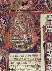 Mms 9961-2 Historisierte Initiale B aus dem Peterborough Psalter, die König David beim Harfenspiel zeigt, englisch, (um 1310-20)