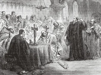 Mollio wirft seine Fackel vor der Inquisition nieder, Illustration aus Die Geschichte des Protestantismus von James Aitken Wylie, veröffentlicht 1878