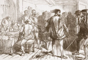 Mouchares Bande greift die Protestanten im Gasthaus im Faubourg St. Germain an, Illustration aus Die Geschichte des Protestantismus von James Aitken Wylie, veröffentlicht 1878