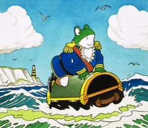 Herr Kröte auf einem Koffer auf See