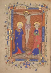 Kreuzigung mit St. Maria und St. Johannes dem Täufer, aus dem Messbuch von St. Botolph Aldersgate, ca. 1420-30