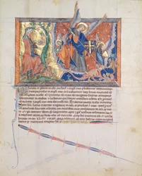 Ms L.A. 139-Lisboa fol.30 Die Frau versteckt sich in der Wüste, während Erzengel Michael gegen den Drachen im Himmel kämpft, aus der Gulbenkian-Apokalypse, ca. 1265-70