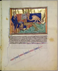St. Johannes der Evangelist beobachtet, wie Frösche aus den Mündern der drei Tiere kommen, aus der Gulbenkian-Apokalypse, ca. 1265-70