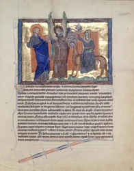 Ms L.A. 139-Lisboa fol.59 Ein Engel führt St. Johannes den Evangelisten zur Hure von Babylon, aus der Gulbenkian-Apokalypse, ca. 1265-70