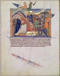 Der göttliche Krieger führt eine Armee gegen diejenigen, die die Gläubigen angreifen, aus der Gulbenkian-Apokalypse, ca. 1265-70