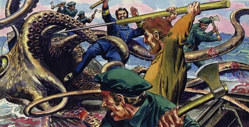 Nemo wurde in einem der Tentakel der Kreatur gehalten, als Land einen Harpunenstich hinein stieß