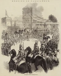 Eröffnung des Parlaments, Ihre Majestät verlässt den Buckingham Palace (Gravur)