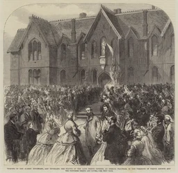 Eröffnung des Albert-Krankenhauses und Enthüllung der Statue des verstorbenen Prinzgemahls in Bishops Waltham, in Anwesenheit von Prinz Arthur und den Prinzessinnen Helena und Louisa (Gravur)