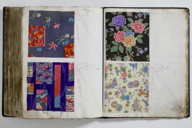 Seiten aus einem Buch mit Textilmustern, handschriftlich mit dem Datumsbereich 1887-94 annotiert (Feder & Tinte und Textil auf Papier)
