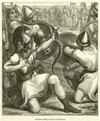 Pandarus zielt mit einem Pfeil auf Menelaos (Gravur)